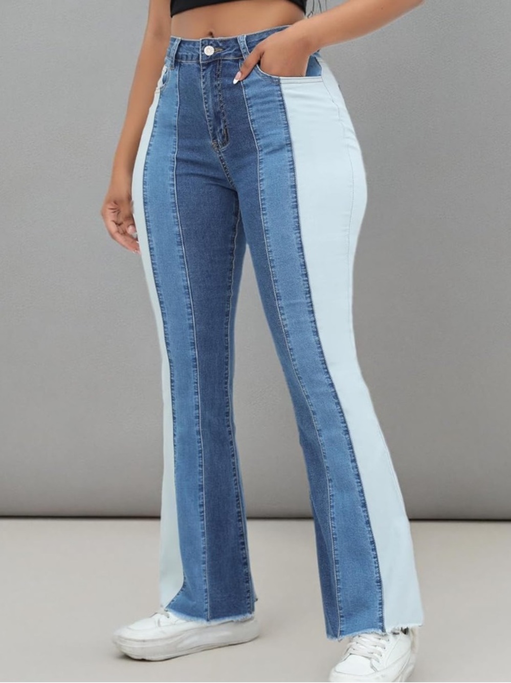 Two-Tone High-Waist Flare Jeans - Light & Medium Blue Size 8